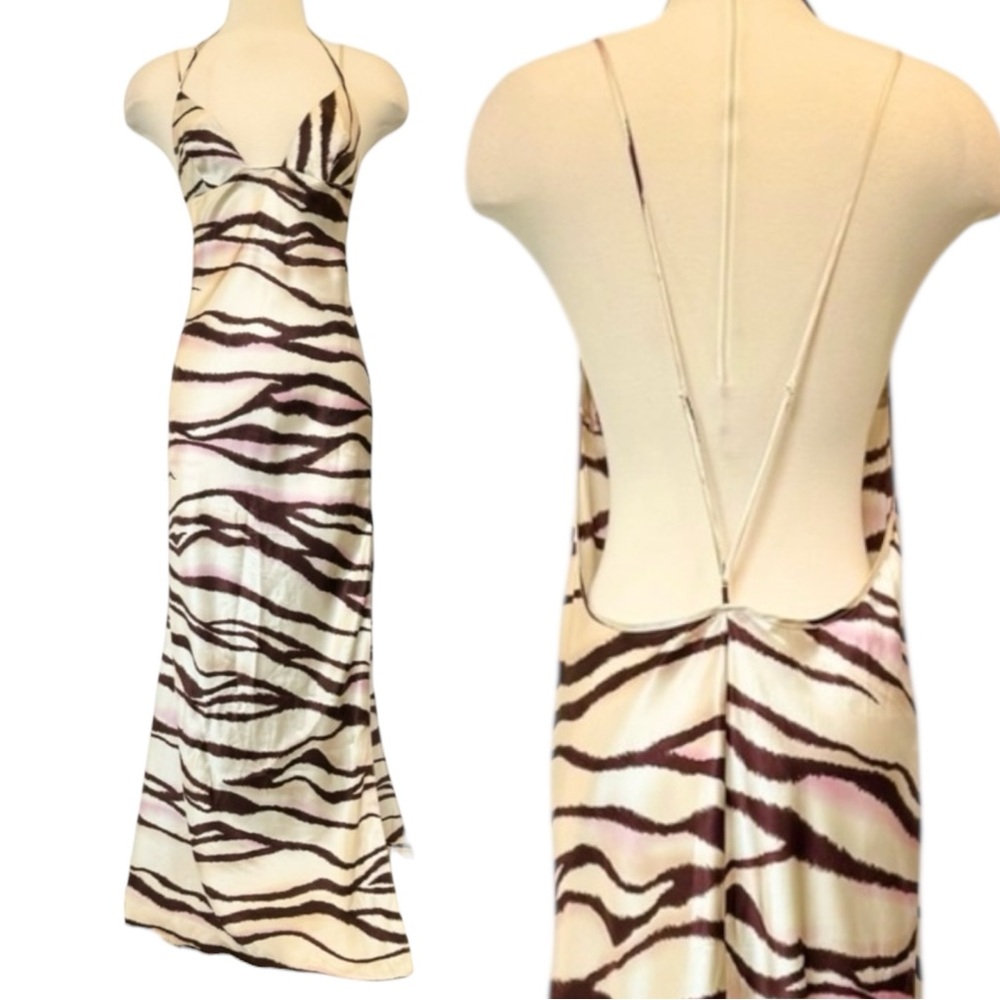 🌺SOLD🌺Victoria’s Secret Silk Ivory Pink Tan Tiger Striped Maxi Gown Slip Dress L - Picture 4 of 10